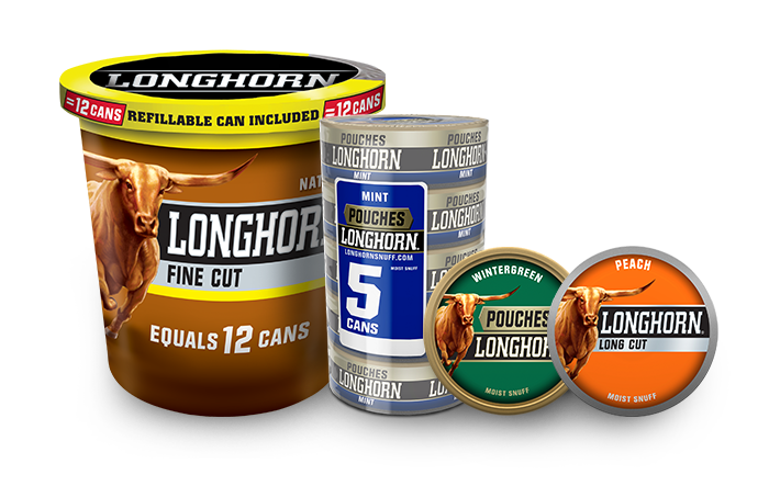 A group shot of Longhorn moist snuff products including a long cut tub, a roll of pouches, a can of pouches and a long cut can.